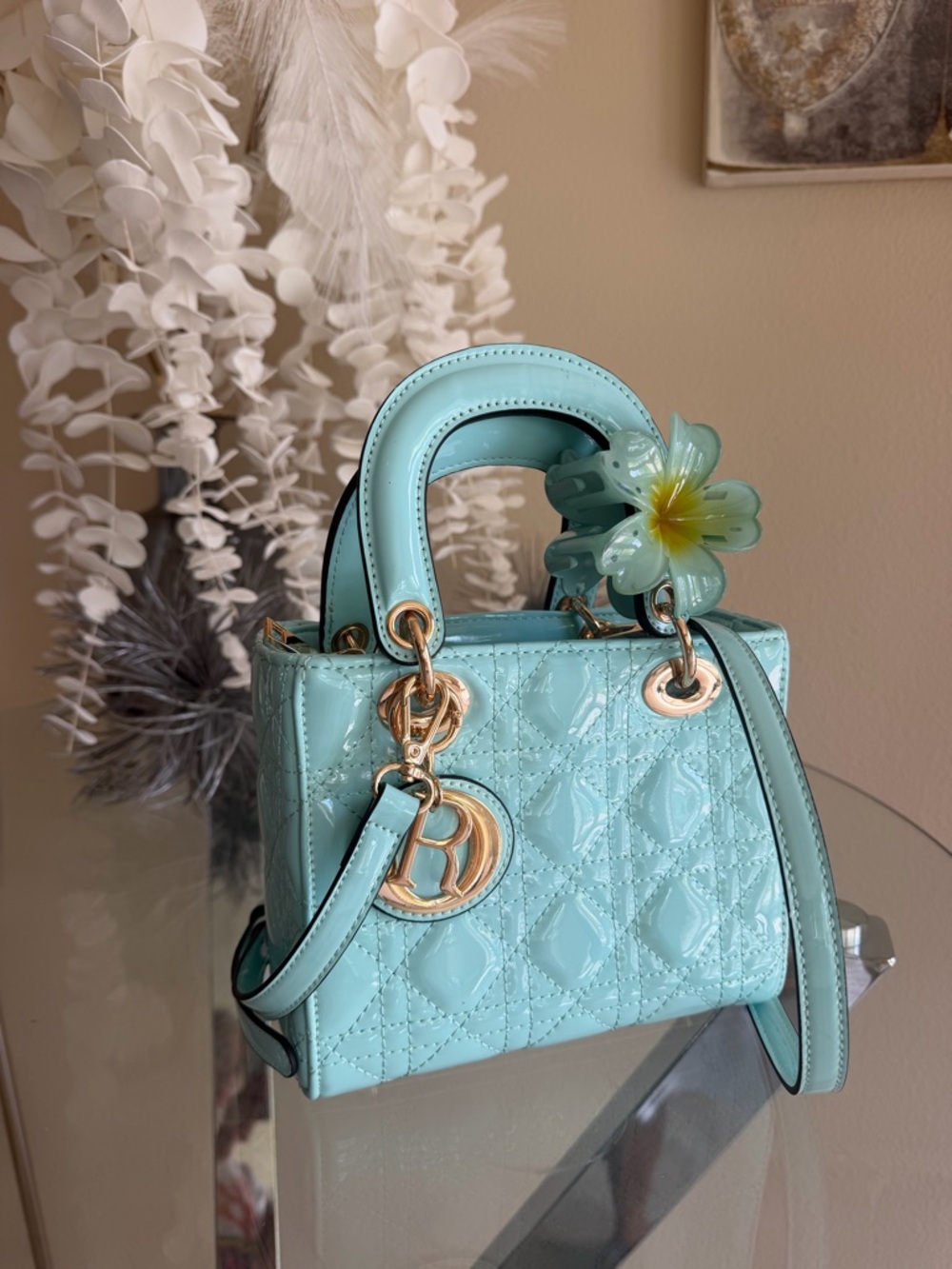 Aqua Patent Leather Quilted Top-Handle Bag with Gold Hardware